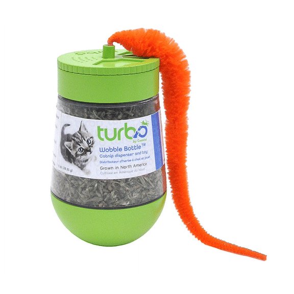 Catnip Dispensing Cat Toy Interactive Green Wobble Bottle Orange Feather Tail