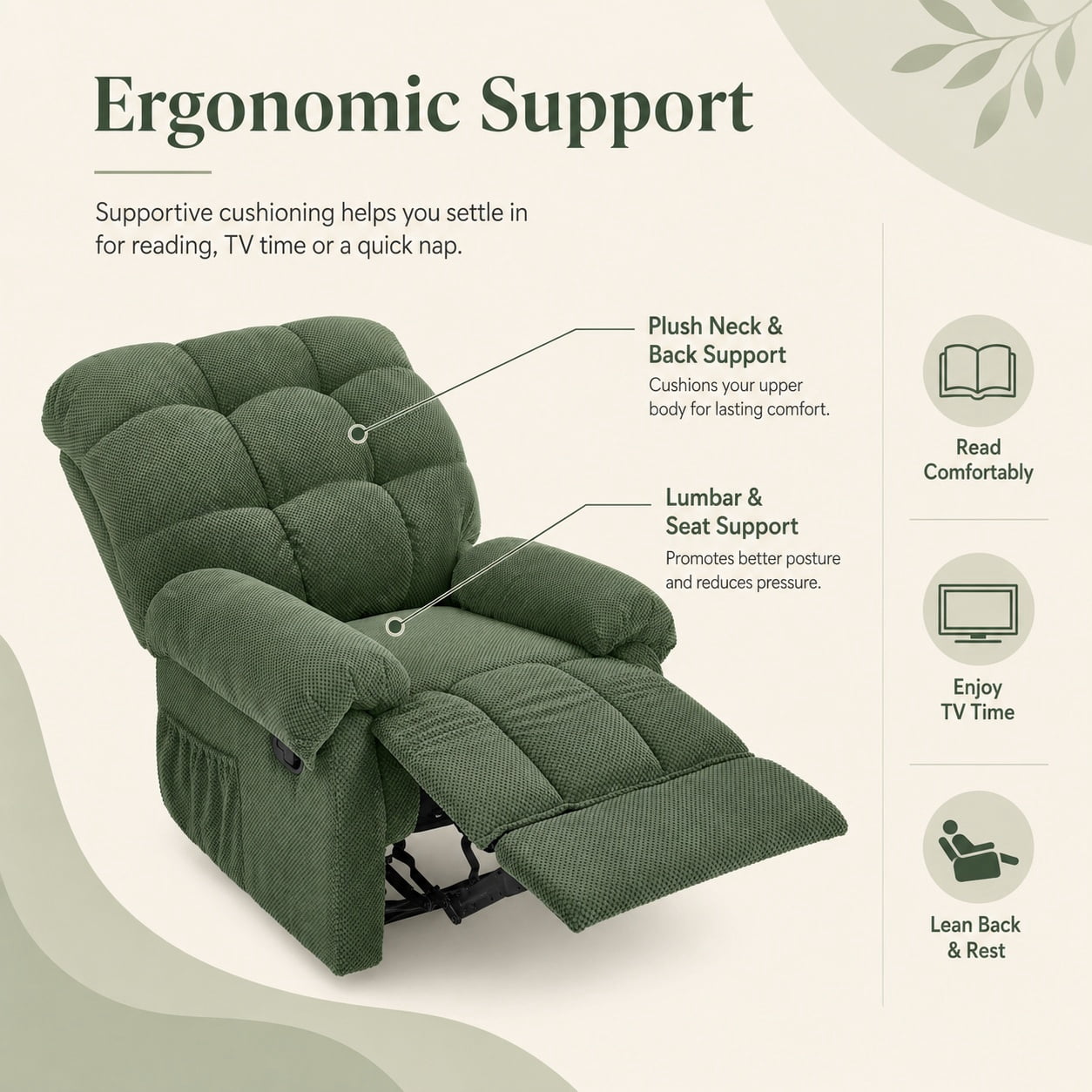 Miniyam Overstuffed Recliner Chair with Plush Armrests, Adjustable Ergonomic Recliner, 105° to 165° Reclining, Green