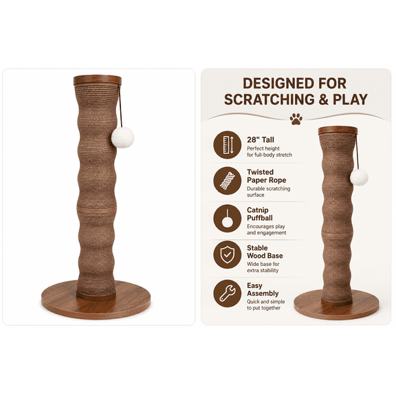 Friends Forever Wave Cat Scratcher Post with Catnip Puffball Toy, 28-Inch Tall, Twisted Paper Rope Scratching Post, Engineered Wood Base, Modern Cat Scratcher for Indoor Cats