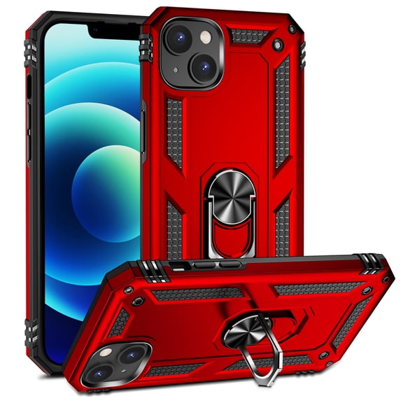 For iPhone 14 Plus Case with kickstand, Built in Metal 360-Degree Rotating Ring Holder Magnetic,Heavy-Duty Rugged Case Full-Body Protective Cover,Red