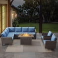 thumbnail image 2 of POCASSY 6PCS Patio Furniture Set with Fire Pit Table - All Weather Brown Wicker Outdoor Sectional Sofa with Swivel Chair and 41" Rectangular Propane Firepit Table for Deck, Porch, Garden - Blue, 2 of 19