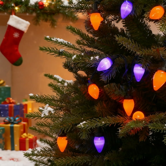 BIG Bulb Halloween House Lights, C7 Purple And Orange String Lights Outdoor With 50 LED, Old School Retro Christmas Lights, IP54 Waterproof, 8 Modes, Colored Christmas Ligths