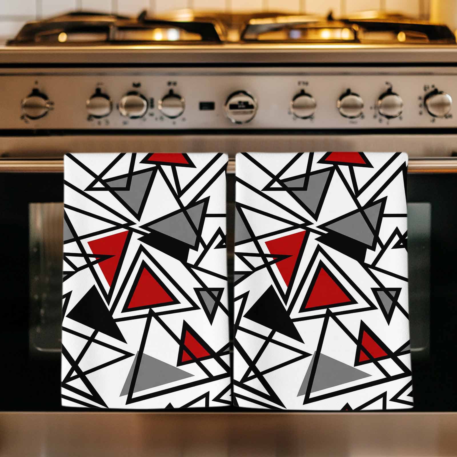 Dish Towels, Red Grey Geometric Absorbent Kitchen Towels 2 PCS, Triangle Modern Art Microfiber Hand Towels Dish Cloths Tea Towels for Home&nbsp;Bathroom Cleaning Drying,18X28-Inch,