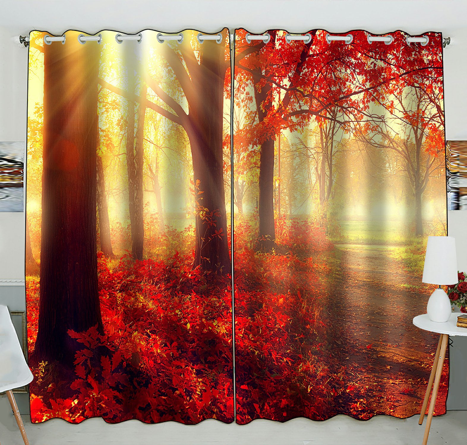 PHFZK Landscape Nature Scene Window Curtain, Autumn Trees and Leaves in ...