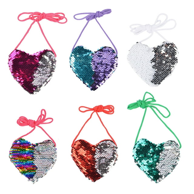 6PCS Kids Shoulder Bag Sequin Heart Shape Crossbody Bag Coin Purse Wallet Bag