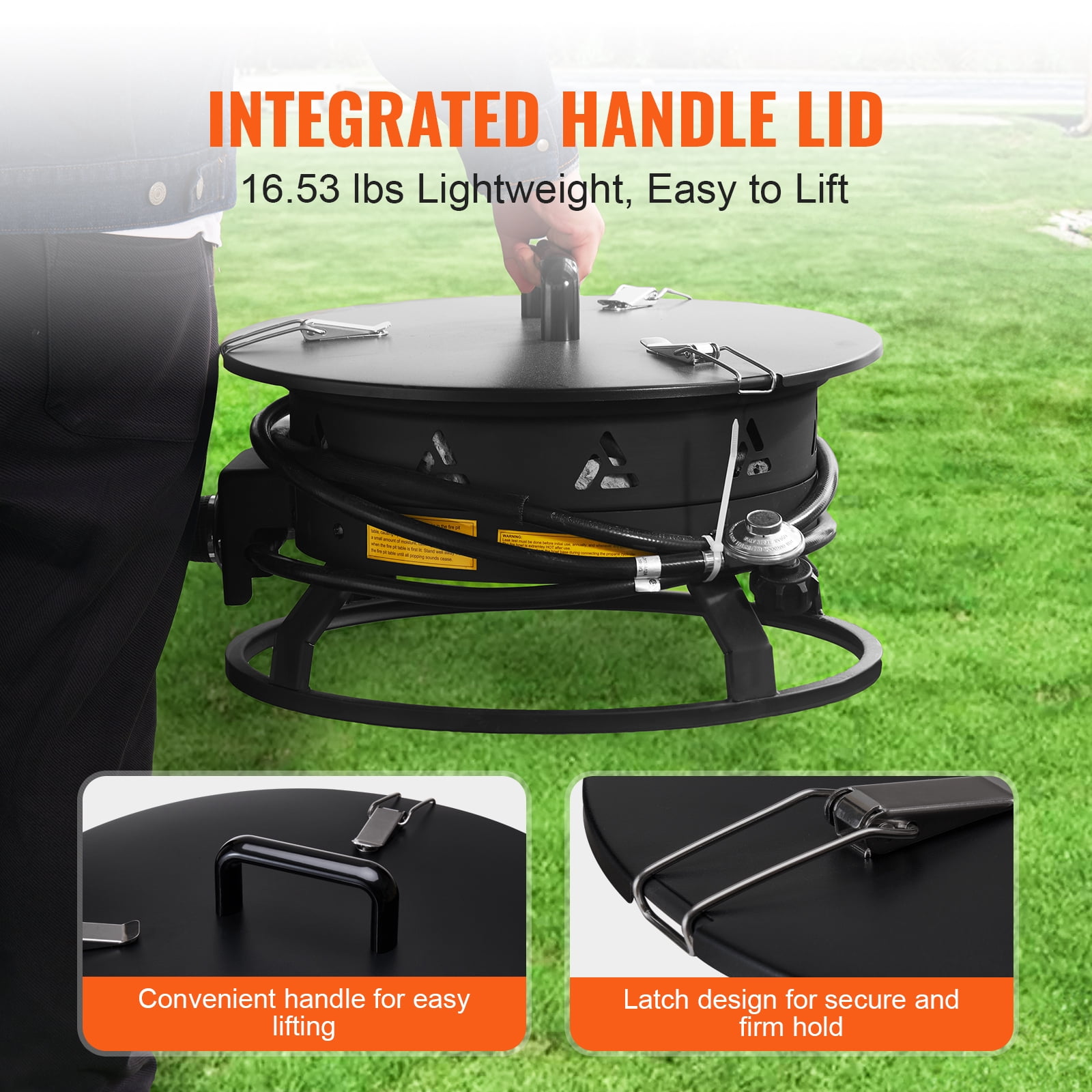 VEVOR Propane Fire Pit, 19-Inch Diameter Outdoor Portable Gas Fire Pit with Cover & Lava Rocks, Adjustable Flame Height Camping Firepit for Heating, Lighting, Gathering, 58,000 BTU, Black