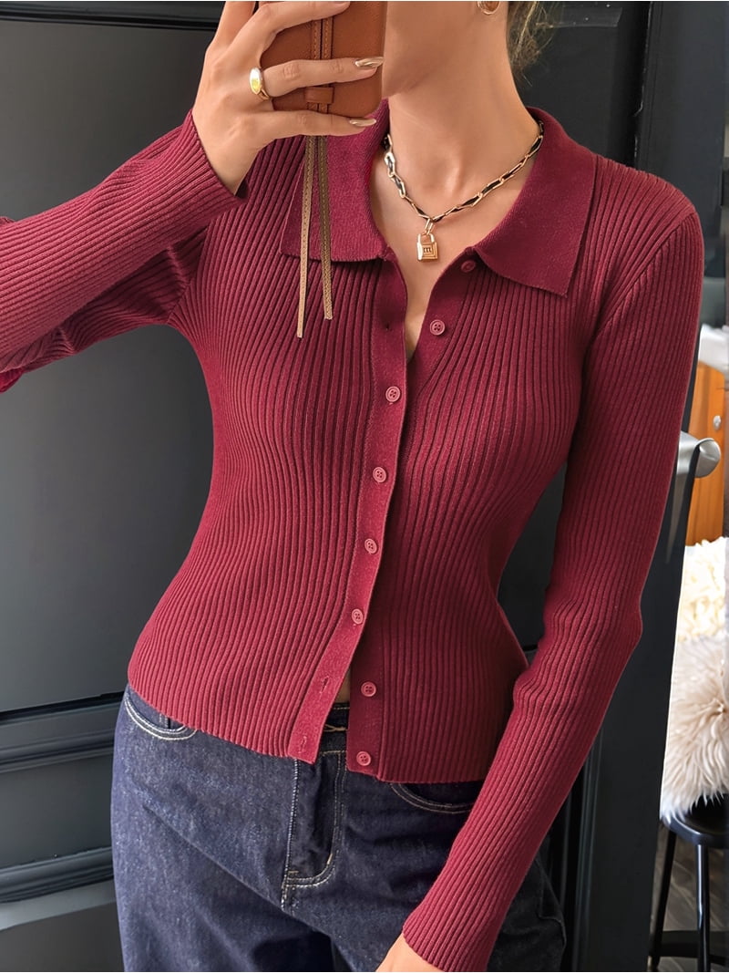 Women Long Sleeve Button Down Ribbed Knit Cardigan Shirt Casual
