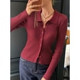 thumbnail image 4 of Women Long Sleeve Button Down Ribbed Knit Cardigan Shirt Casual Slim Fit Collared Sweater Top Dark Red M, 4 of 9