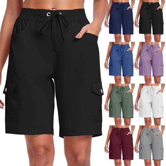 9" 10" Inseam Hiking Cargo Shorts Womens 6 Pockets Pull on Bermuda Shorts Lightweight Quick Dry Outdoor Workout Running Athletic Short Summer Travel Loose Black M