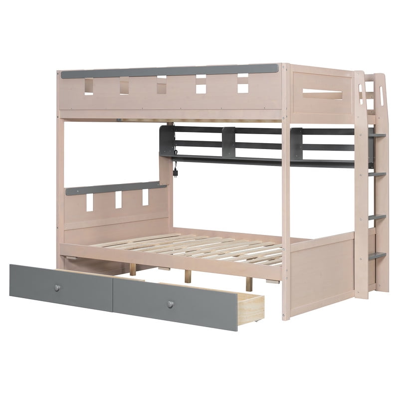 Full Size Castle-Designed Kids's Bunk Bed with Built-in Ladder & LED Strip, Storage Wooden Bed Frame with 2 Drawers & Shelves