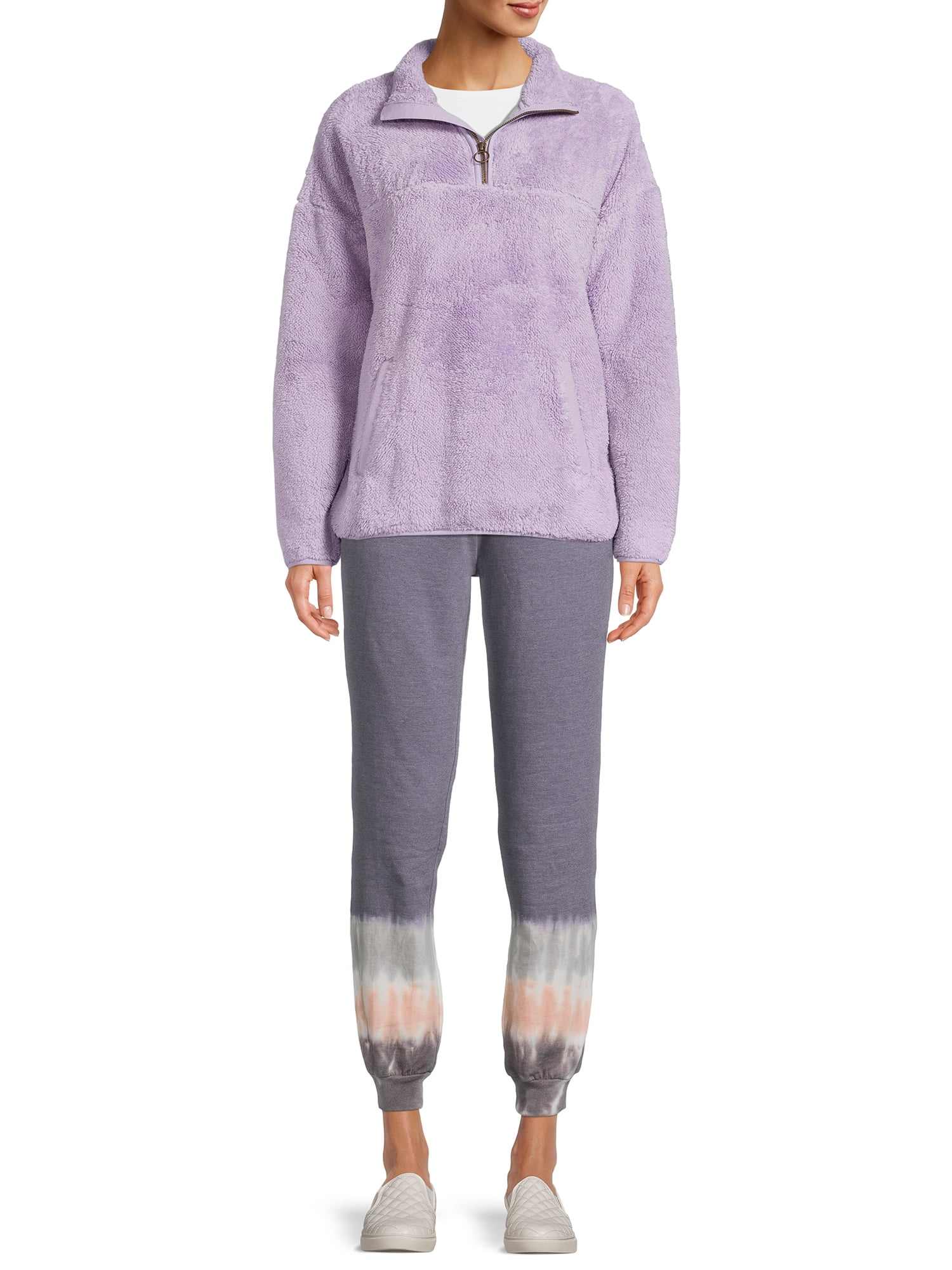 Time and Tru Women's and Plus faux shearling Quarter Zip Pullover Top