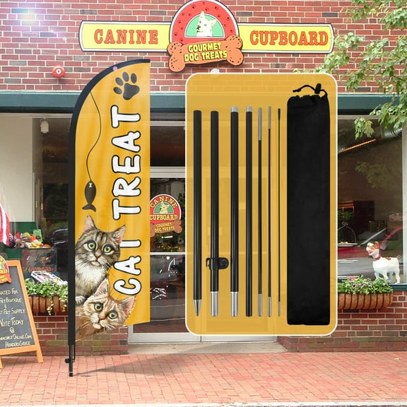 QSUM Cat Treat Themed Feather Flag, 7FT Pet Shop Advertising Swooper Flag, Vivid Color and Fade Proof Pet Shop Business Signs