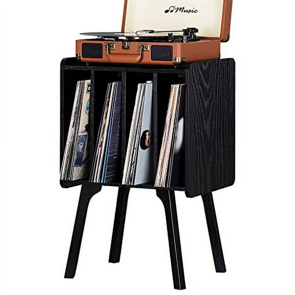 LELELINKY Record Player Stand, Black Vinyl Storage Table with 4 cabinet Up to 100 Albums, Mid-century Modern Turntable Stand Wood Legs, Holder Display Shelf for Bedroom Living Room
