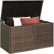 PE Wicker Storage Box - Outdoor 88 Gallon 2-Tier Deck Box For Patio Furniture Toys Storage W/ Lid & Front Doors, All Weather Rattan Storage Bin For Backyard Garden Poolside Porch (Brown)
