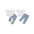 thumbnail image 3 of BemeyourBBs Toddler Baby Girls Summer Clothes Infant Baby Girls Denim Outfit Off Shoulder Tops Bell Short Sleeve Lace Shirt Top Ripped Jeans Denim Pearl Pants Set, 3 of 9
