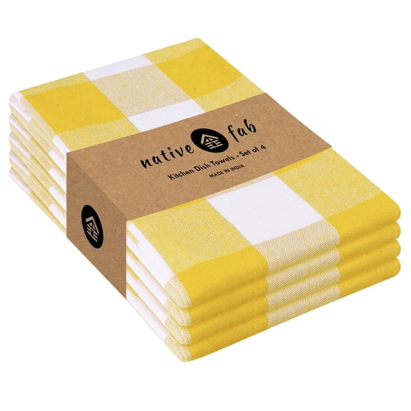 Native Fab Yellow Buffalo Dish Towel 16"x26", Set of 4 - Cotton Plaid Towels, Soft Absorbent Dishcloths with Hanging Loop, Kitchen Towels for Quick Drying - Yellow White