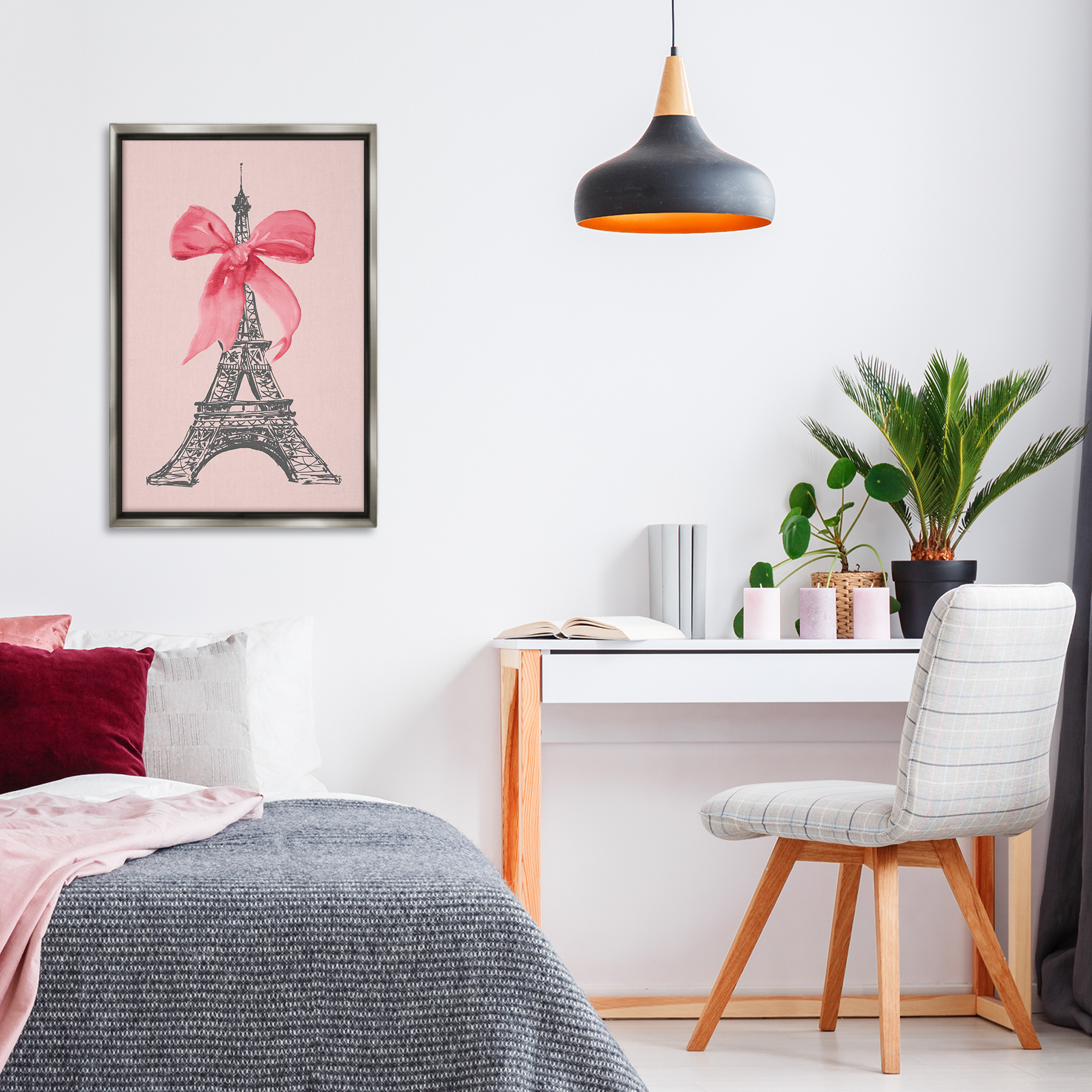 Stupell Industries Pink Bow on Eiffel Tower Buildings & Architecture Painting Gray Floater Framed Canvas Art Print Wall Art, 21 x 31