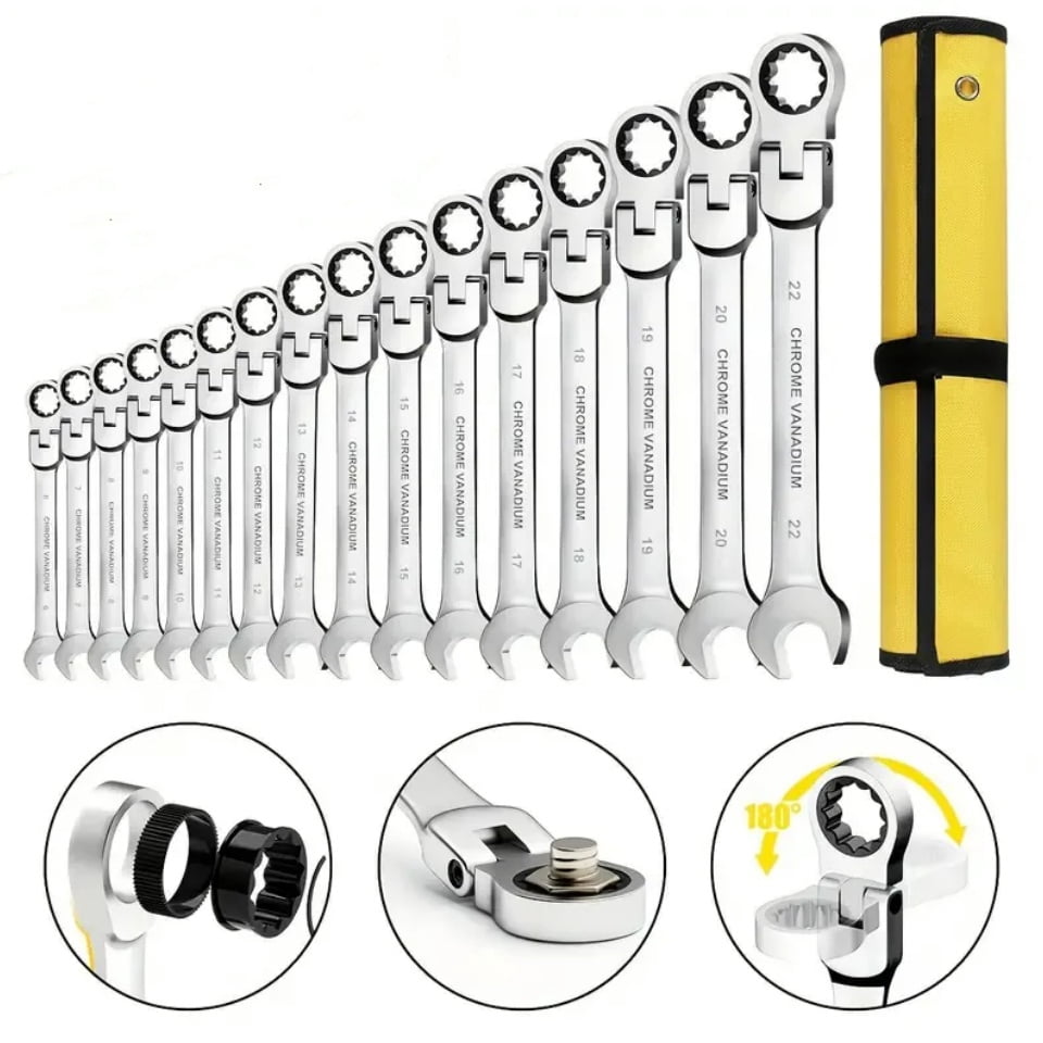 16-piece Ratchet Wrench Set, Combination Wrench Kit, with Portable Hanging Bag, Covering Multiple Sizes, Suitable for Repairing Cars (6-22mm)