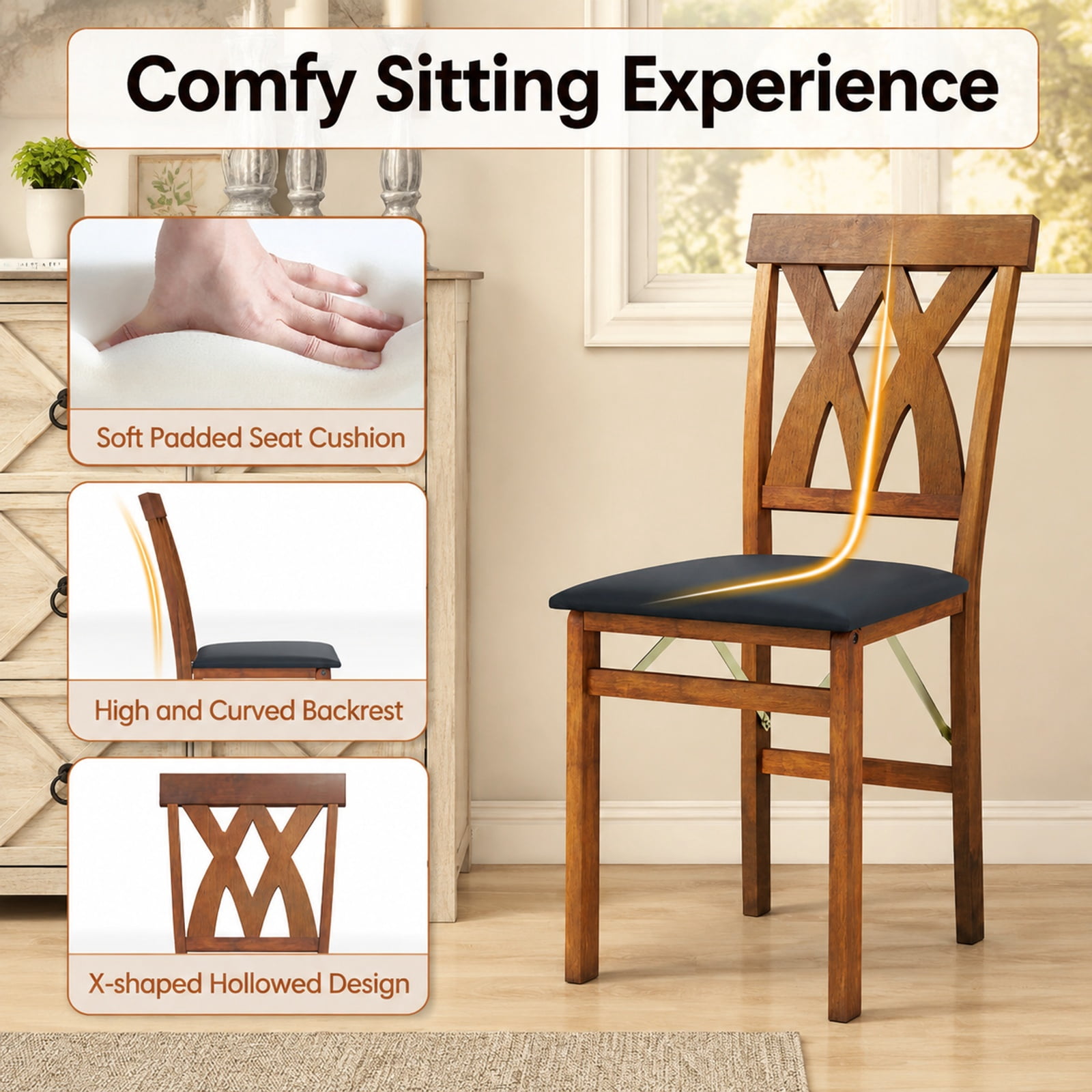 Furnibear Folding Wooden Dining Chairs Set of 2 Faux Leather Upholstered Armless Kitchen Chairs for Small Rooms Apartment, Walnut
