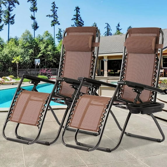 Set of 2 Zero Gravity Chairs Portable Lounge Patio Chairs Folding Zero Gravity Recliner with Pillow & Cup Holder for Patio, Poolside, Camping, Brown