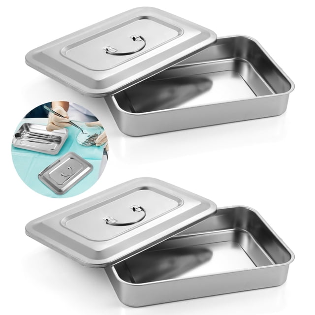 2 Pcs Plateaux d'Instruments Cliniques, Organiseurs d'Instruments en Acier Inoxydable avec Couvercles et Poignées, Plaques de Stérilisation en Métal Résistant à la Chaleur, 11.87.92 Pouces