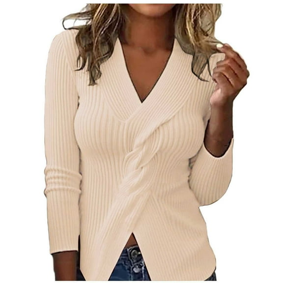 Yangnuo Fall Sweaters for Women 2025 Womens Trendy Casual Sweaters Women's Solid Color Knitted Sweater V-Neck Blouses Casual Fashionable Sweater