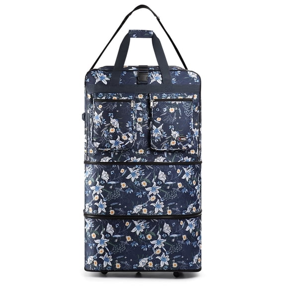 New York Xpress 30" Expandable Rolling Duffel Bag with Wheels, Collapsible Large Capacity Travel Bag, Blue Lilies, Ex30