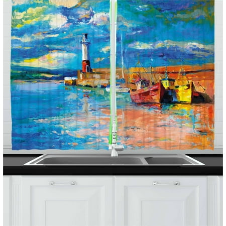 Stain Glass Lighthouse Art Panel Art Curtains 2 Panels Set, Oil Painting Tones Style Lighthouse and Boats on Sea Shore Town Coastal Charm Picture, Window Drapes for Living Room Bedroom, 55W X 39L Inches, Multicolor, by Ambesonne ()