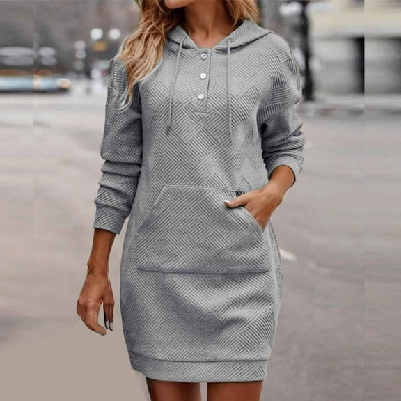 BSDJILFG Long Sweatshirt Dress for Women with Hood,Fall Winter Trendy Button Up Loose Pullover Hoodie