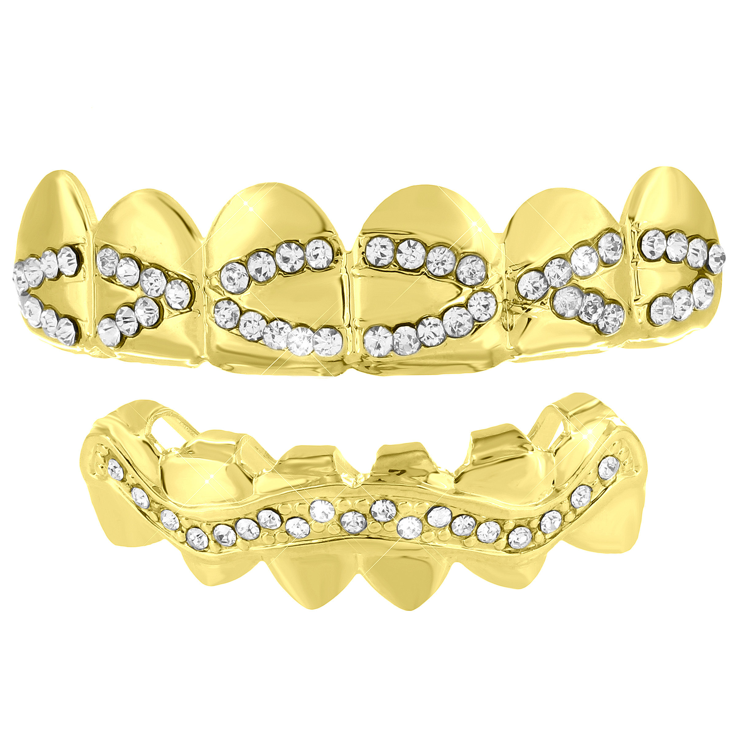 14k Gold Finish Mouth Grillz Top Bottom Lab Created Cubic Zirconias