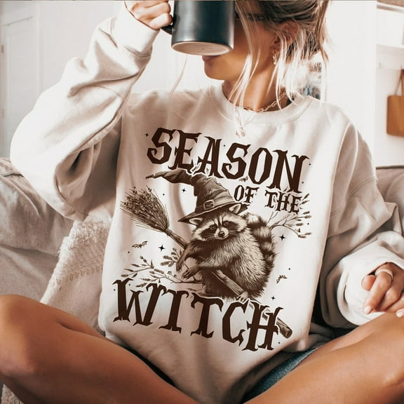 Season of the Witch Sweatshirt, Funny Halloween Raccoon Pullover, Spooky Girl Feral Halloween Crewneck, Humorous Fall Shirt