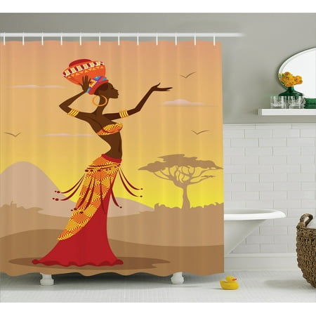 Afro Decor Shower Curtain African Woman In Desert With Gulls Flying Afro Decor Shower Curtain African Woman In Desert With Gulls Flying Around Folk Female Stylish Artful