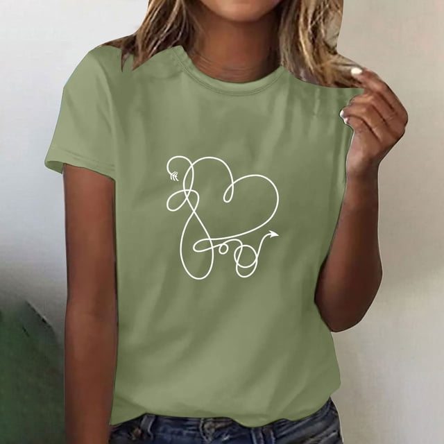 Meichang T-Shirts de la Saint-Valentin pour Femmes, T-Shirts Mignons à Imprimé Cœur, Col Rond Décontracté, Coupe Ample, T-Shirts de Fête à Manches Courtes, Vêtements Mignons