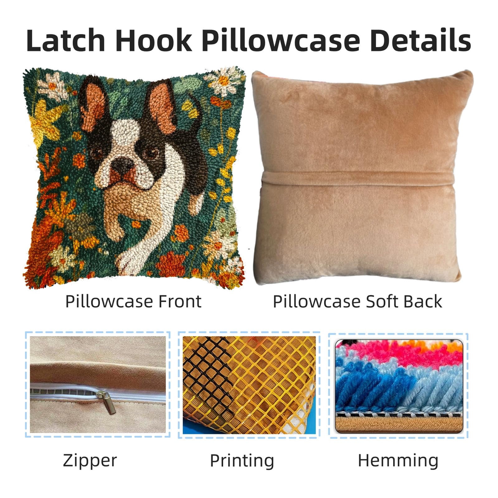 DIY Latch Hook Pillow Kits for Adults Cartoon Cute Boston Terrier Dog Running in Flower Printed Pillowcase Crochet Yarns Hooking Handmade Pillow Cover Cushion for Home Sofa Decoration 17x17inch(3)