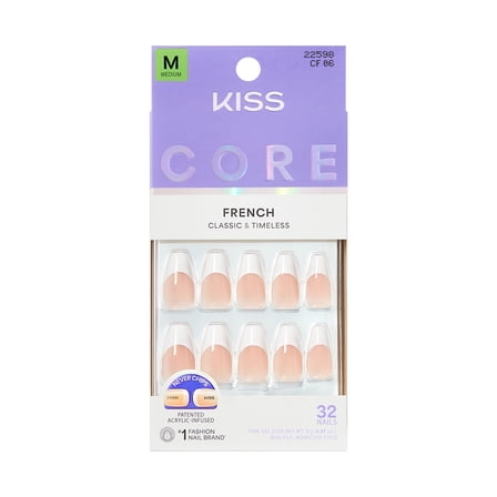 KISS CORE French Tip Press On Nails, ‘Reunion’, White, Medium Coffin, 32 Count