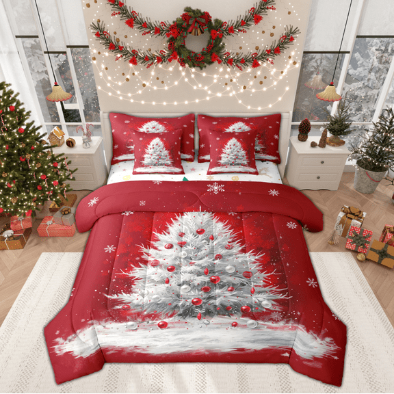 Manfei Red Grey Christmas Tree Twin Bedding Sets 7-Piece, Winter Snowflake Bedding Comforter Set, Teens Boys Girls Kids Reversible Sheet Sets, Microfiber Bedroom Decor