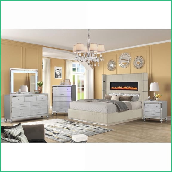 Bedroom Furniture Set Queen 5PC Beige Velvet Ambient Fireplace USB | Novelty Beds | Wood