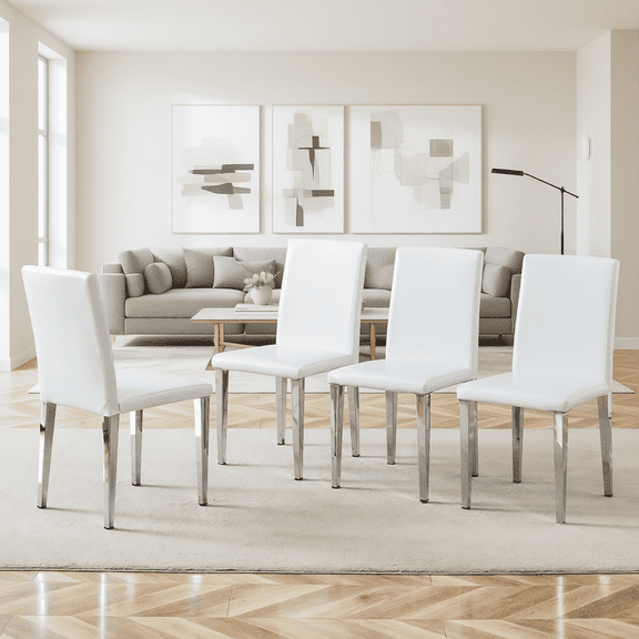 NYEESS Set of 4 White PU Dining Chairs with Silver Metal Legs, Modern Minimalist Style