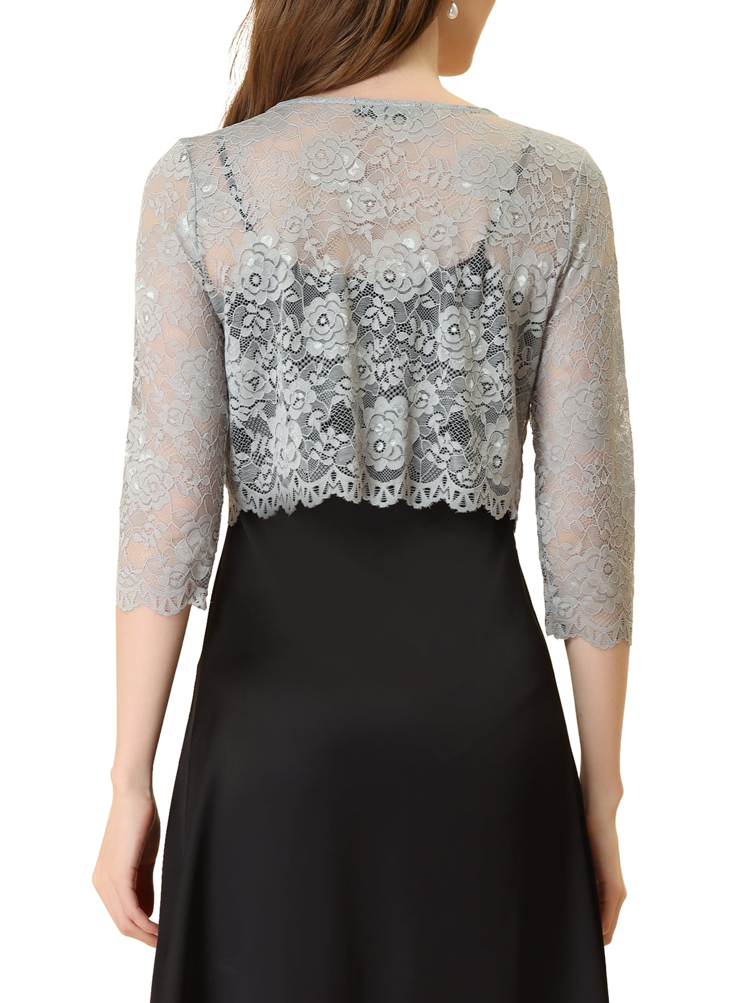 MODA NOVA Juniors Open Front 3/4 Sleeve Sheer Floral Lace Cropped