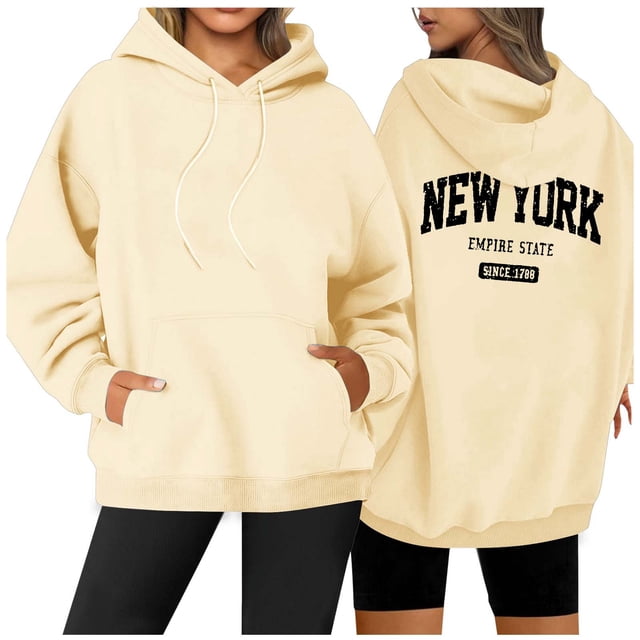 Sweat à Capuche Décontracté à Manches Longues et Col Rond Imprimé Lettre pour Femmes avec Poche et Cordon de Serrage (2) Tunique à Fermeture Éclair