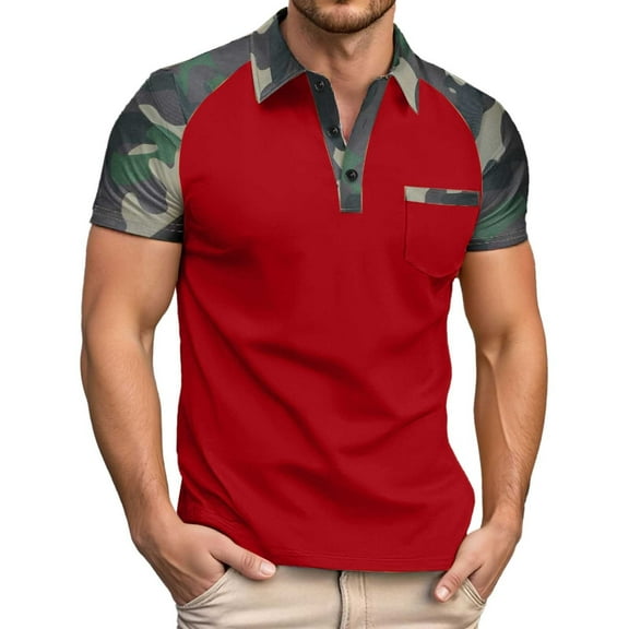 Telankuip Mens Camo Print Polo Shirts Short Sleeve Collar Outdoor Sports Shirt with Color Block Design Summer Soft Comfortable Lightweight Breathable Casual Tops Red XL