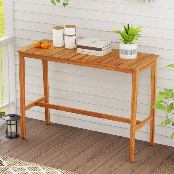 Auranook Outdoor Bar Table, Acacia Wood Counter Height Table with Slatted Tabletop, 54" x 22" Rectangular High Top Dining Table