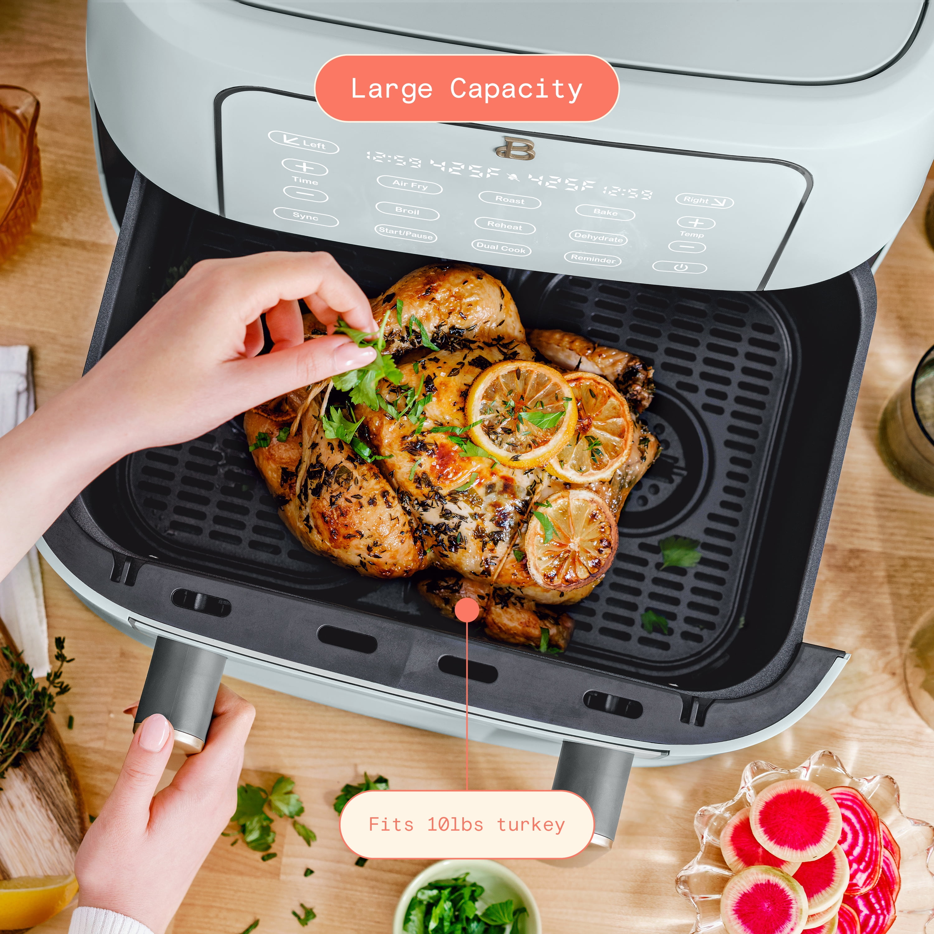 Beautiful 9 Qt TriZone Dual Basket Air Fryer, EverGood™ Ceramic Nonstick Coating, Hydrangea by Drew Barrymore