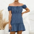 thumbnail image 2 of Fesfesfes Women Mini Dress Casual Off Shoulder Short Sleeve Dress Sun Dress Ruffle Patchwork Party Dress, 2 of 5