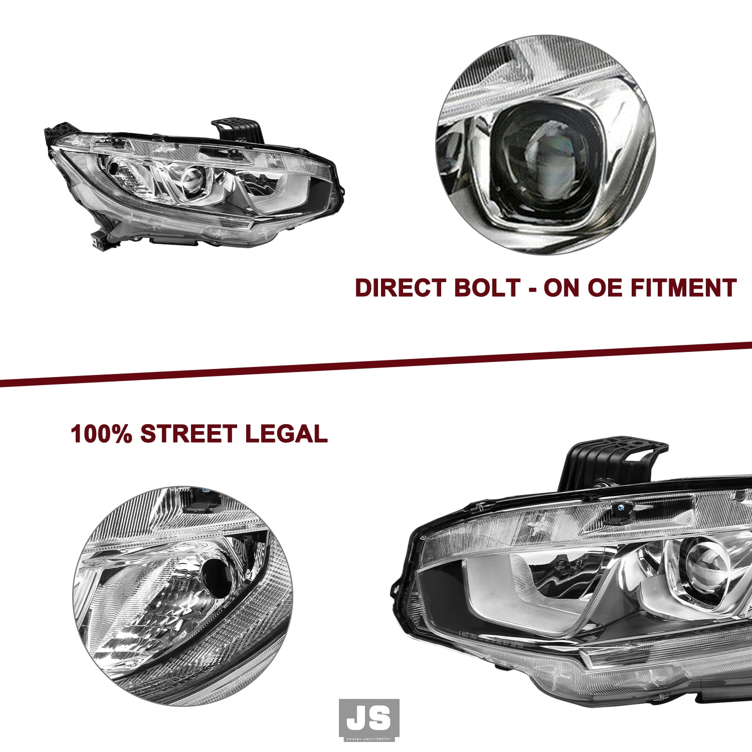 For 2016-2021 Honda Civic Projector W/LED DRL Chrome Headlights Assembly Pair
