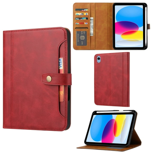 TECH CIRCLE Case for 2022 Apple 10.9-inch iPad (10th Generation) - PU Leather Smart Stand Case with Pencil Holder & Card Slots, Red