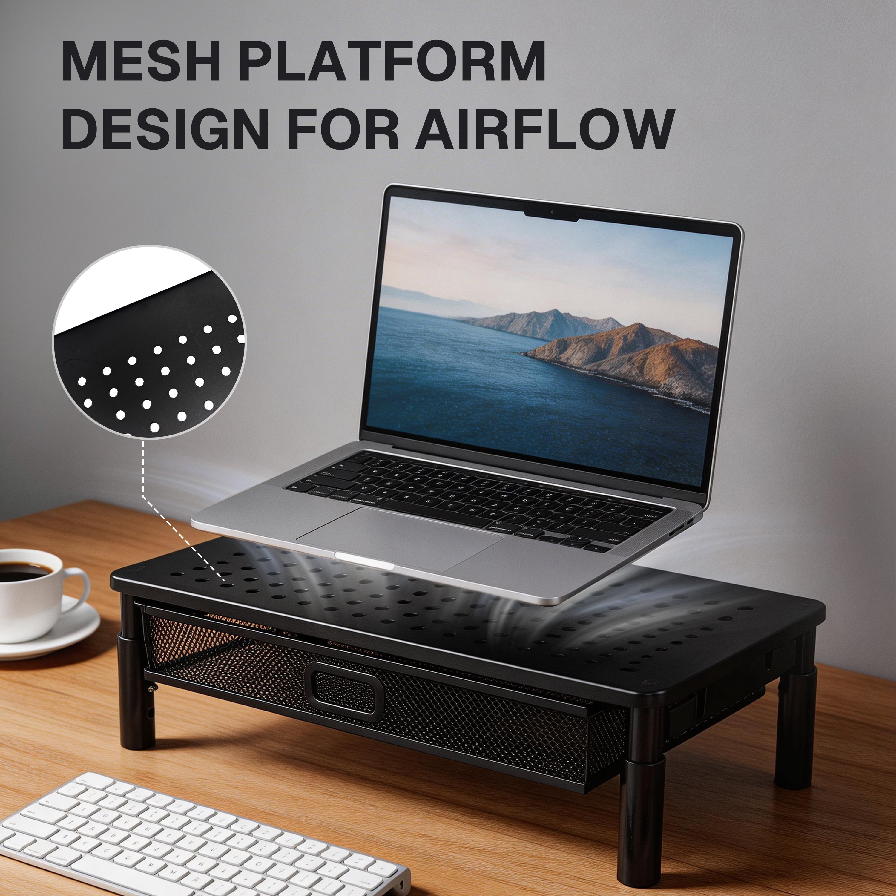 Behome Monitor Stand, Desk Monitor Riser 3 Height Adjustable, Laptop Riser with Airflow Vents, Desktop Stand for Computer, Printer, Monitor, Laptop, Black Steel, 14.57 in