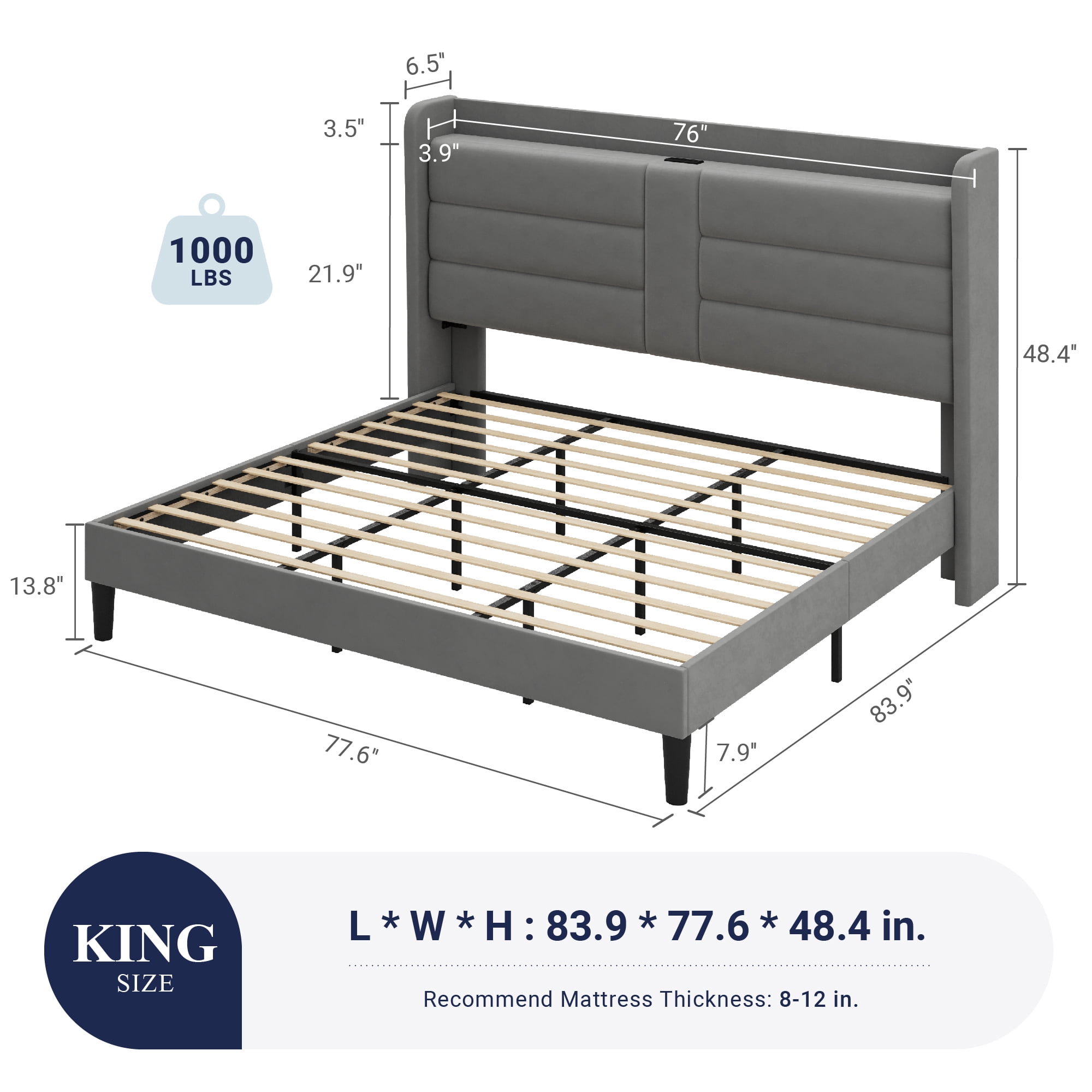 Allewie King Size Bed Frame with Charging Station, Upholstered Velvet Wingback Design & USB Port, No Box Spring Needed, Gray