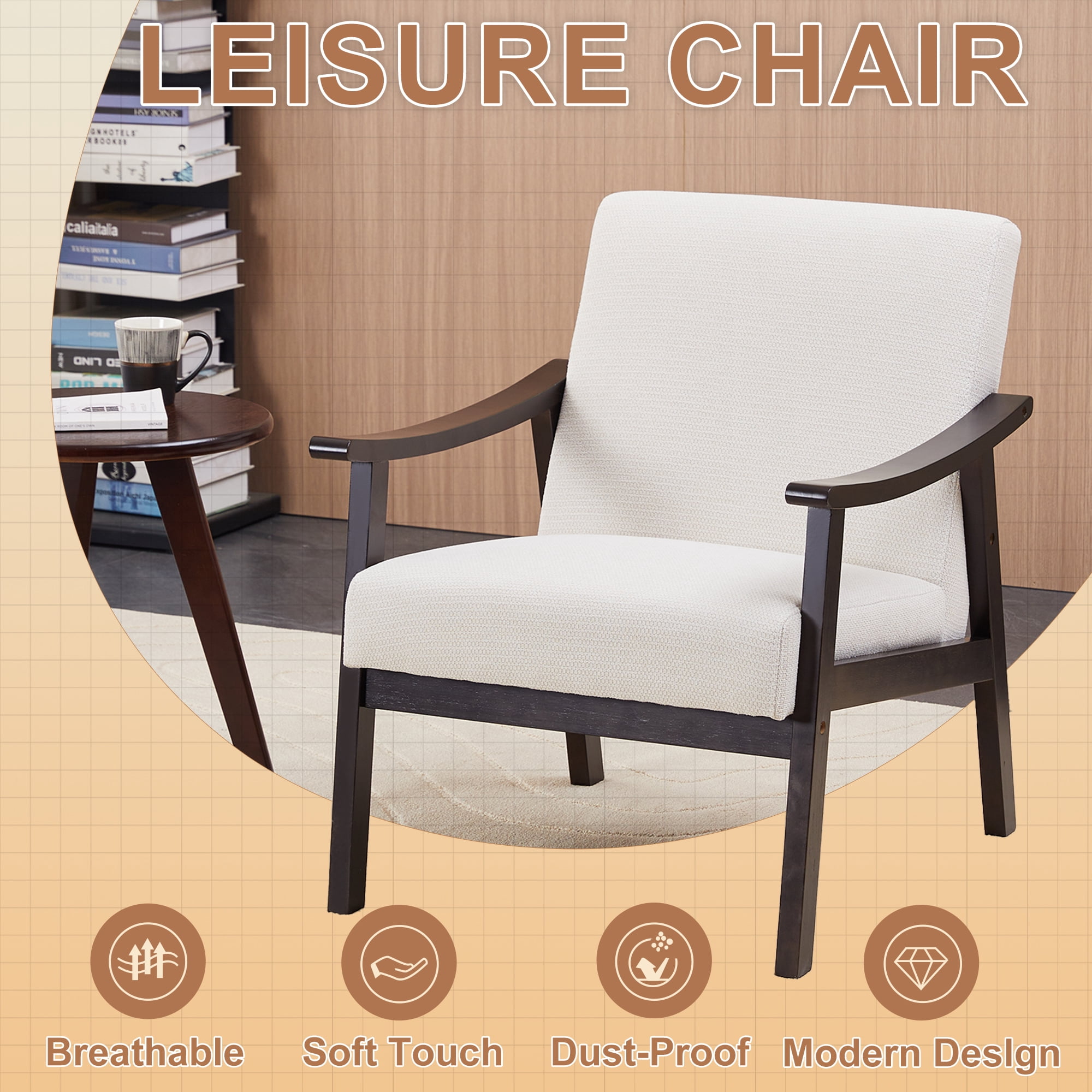 HOQBN Modern Armchair with High Back,Upholstered Living Room Chairs with Solid Wood Legs,Leisure Reading Chair for Living Room, Bedroom,Ancient White