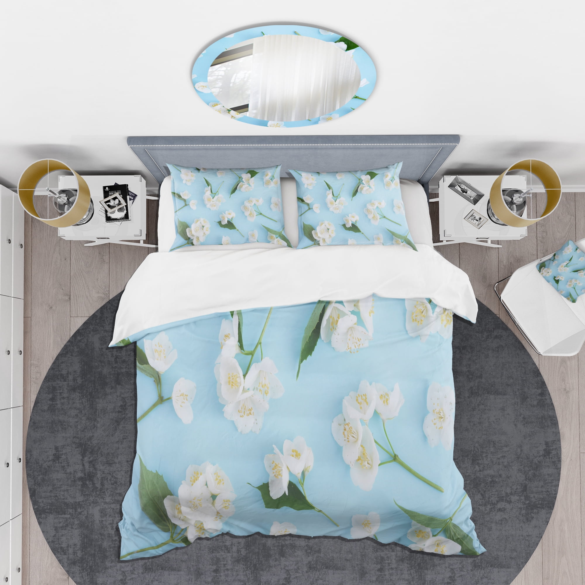 Designart 'Jasmin Flowers of Bright Blue' Mid-Century Modern Duvet Cover Set